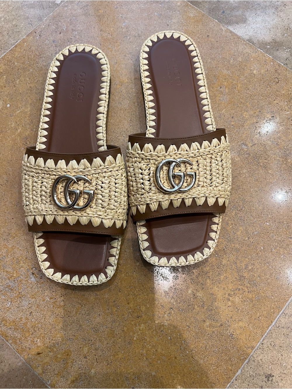 Gucci Brown Leather & Natural Raffia Slide Sandals with Silver Double G